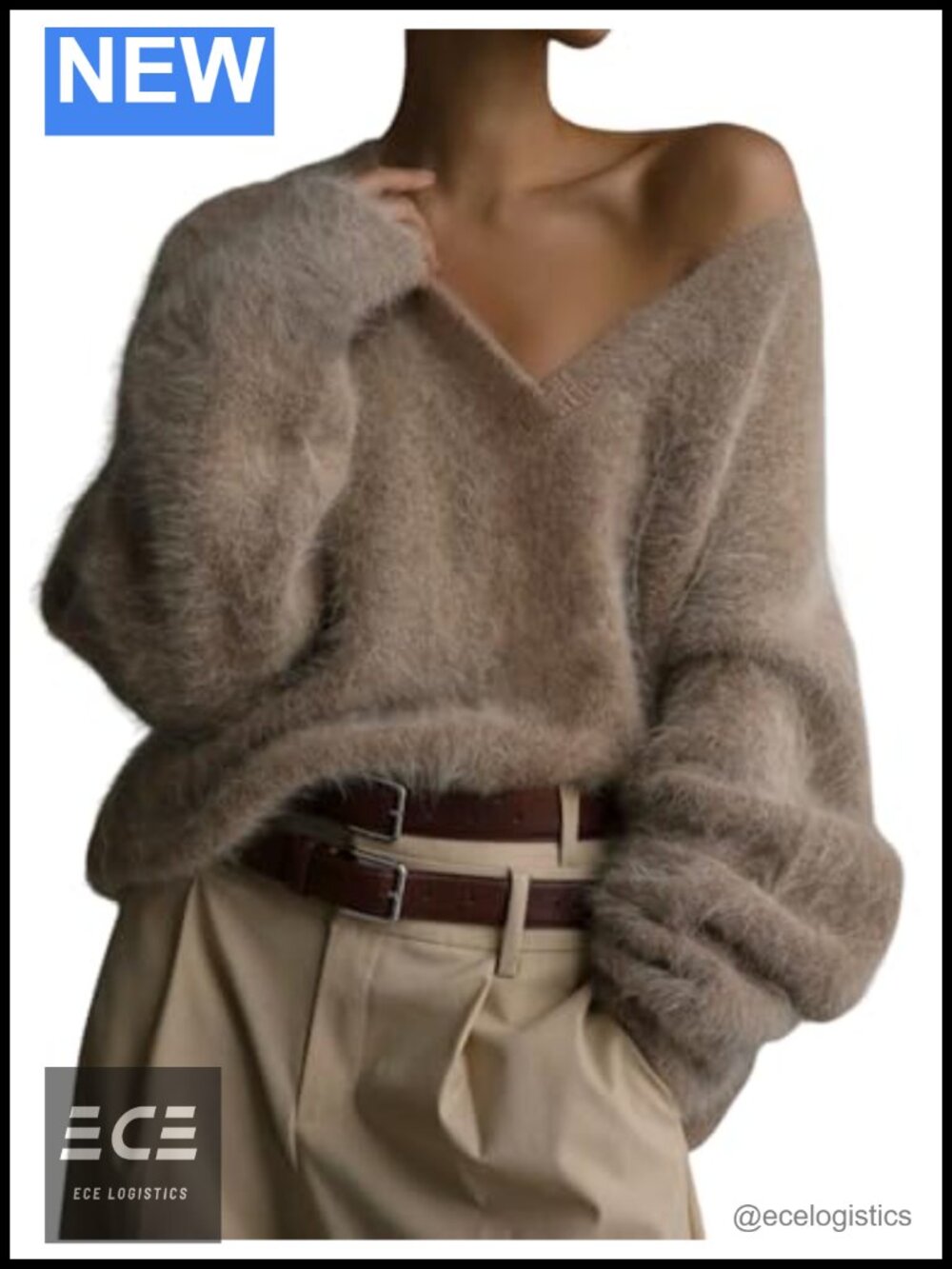 Fuzzy V-Neck Pullover Sweater Soft Mohair Loose Slouchy Long Sleeve Women's